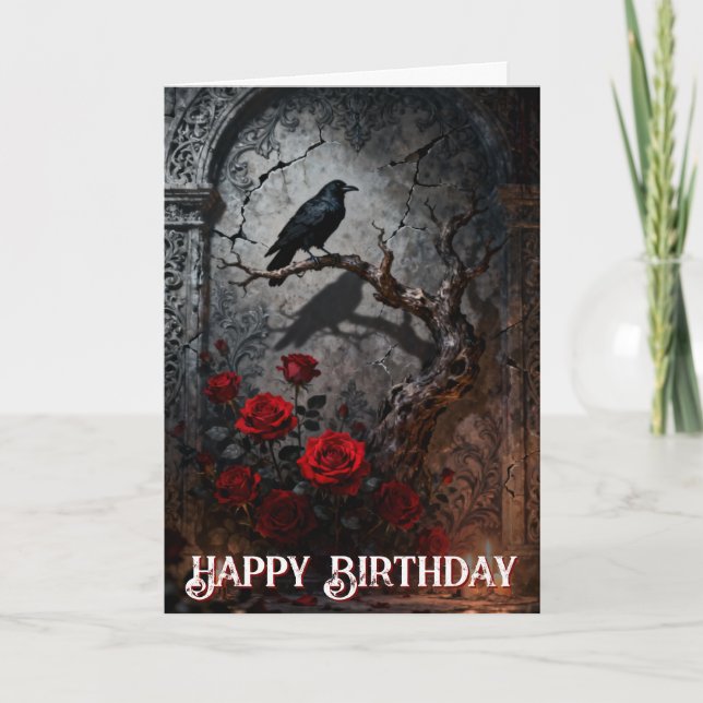 Dark Gothic Raven and Roses Mural Birthday Kort (Framsida)