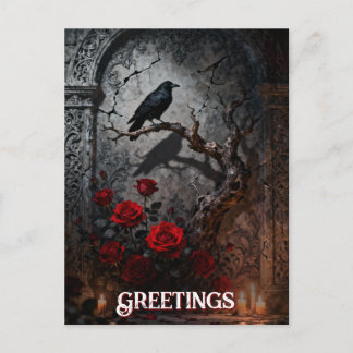 Dark Gothic Raven and Roses Mural Birthday Vykort