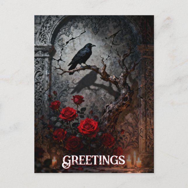 Dark Gothic Raven and Roses Mural Birthday Vykort (Framsida)