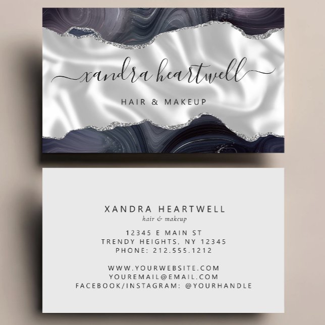 Dark Gray Agate Silver Glitter Luxury Stylist Visitkort (Skapare uppladdad)