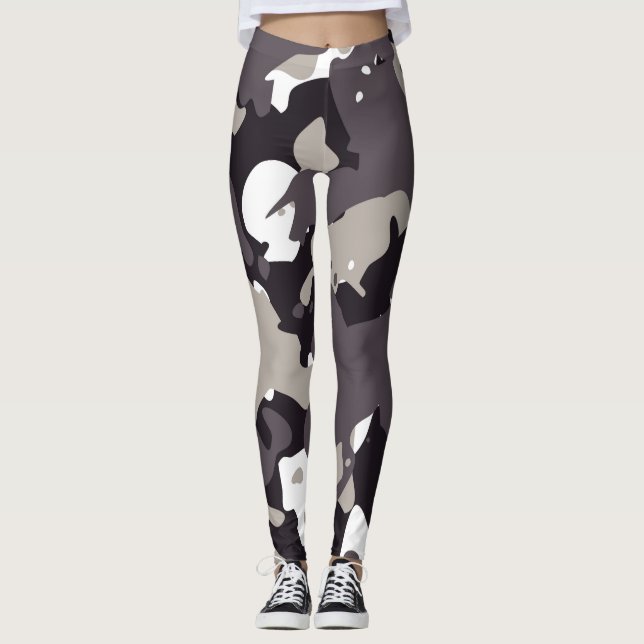 Dark Gray Black And White Camouflage PatteLeggings Leggings (Framsida)
