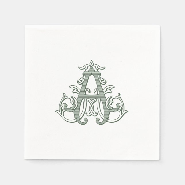 Dark Green "A" Monogram Cocktail Napkins Pappersservett (Framsidan)