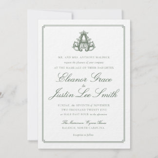 Dark Green "A" Monogram Wedding Invitation Inbjudningar