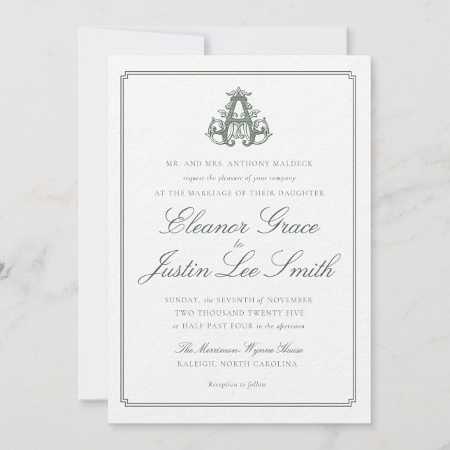 Dark Green "A" Monogram Wedding Invitation Inbjudningar (Framsida)
