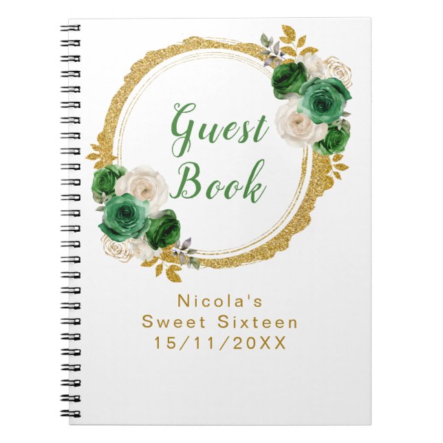 Dark Green and Gold Elegant Flowers Sweet Sixteen Anteckningsbok (Framsidan)