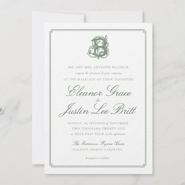 Dark Green "B" Monogram Wedding Invitation Inbjudningar (Framsida)