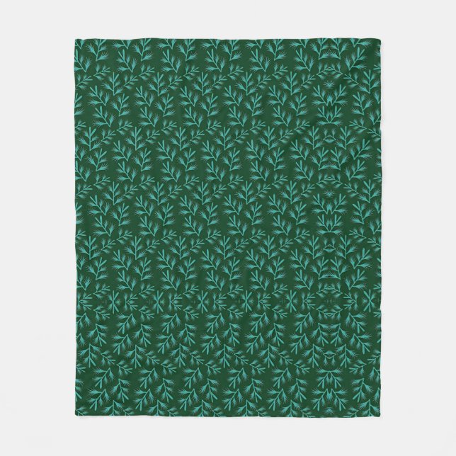  Dark Green Background with Teal Botanical Leaves Fleecefilt (Framsidan)