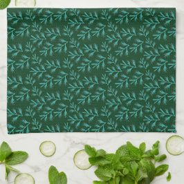  Dark Green Background with Teal Botanical Leaves Kökshandduk