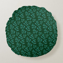  Dark Green Background with Teal Botanical Leaves Rund Kudde