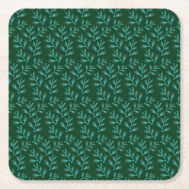  Dark Green Background with Teal Botanical Leaves Underlägg Papper Kvadrat (Framsidan)