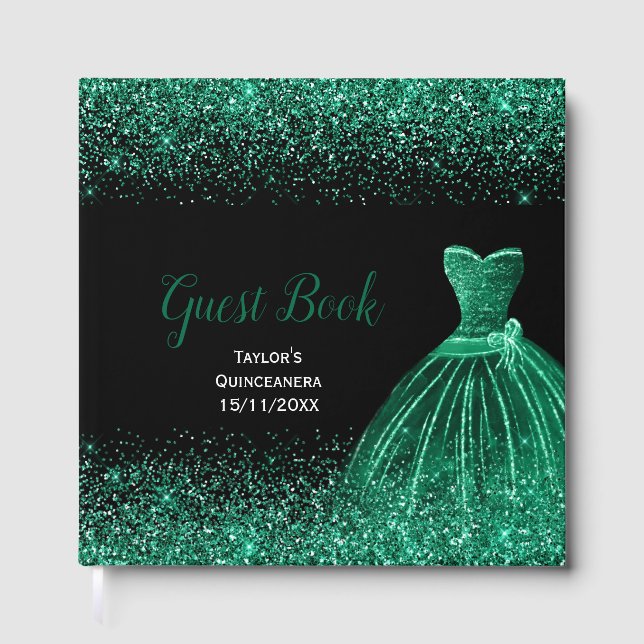 Dark Green Dress Faux Glitter Quinceanera Gästböcker (Framsida)