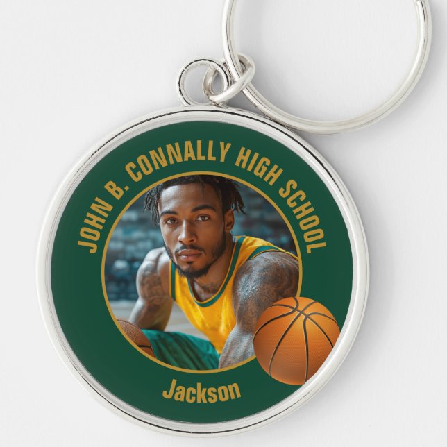 Dark Green Gold Basketball Player Photo Rund Silverfärgad Nyckelring (Framsidan)