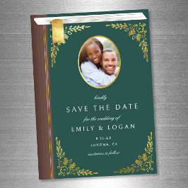 Dark Green Gold Book Wedding Save The Date Card Magnetisk Inbjudningskort