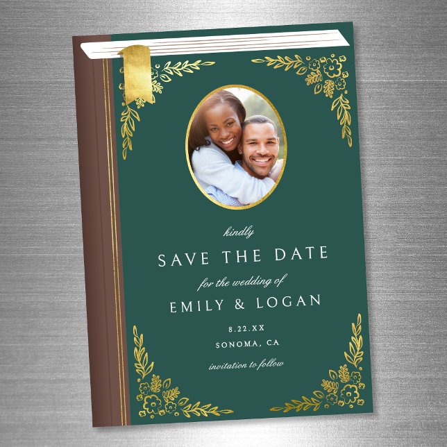 Dark Green Gold Book Wedding Save The Date Card Magnetisk Inbjudningskort (Skapare uppladdad)