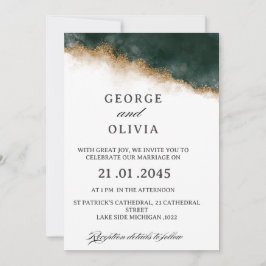 Dark Green & Gold Watercolor Wedding   Inbjudningar