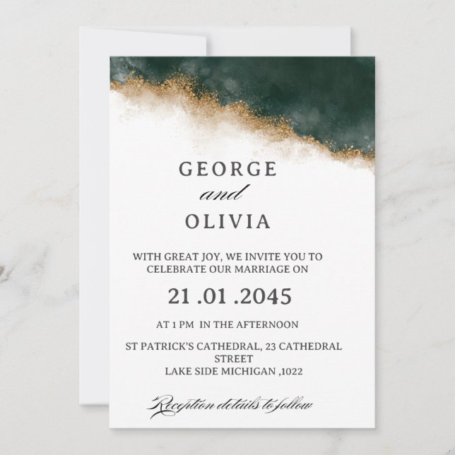 Dark Green & Gold Watercolor Wedding   Inbjudningar (Framsida)