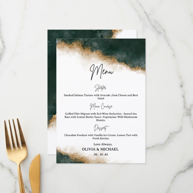 Dark Green & Gold Watercolor Wedding Menu Card Meny (Fram/Back In Situ)