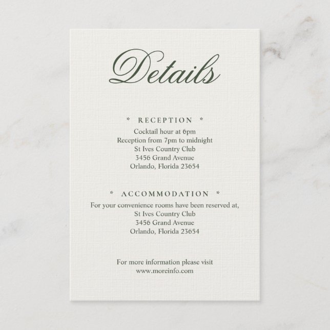 Dark Green Greenery Wedding Calligraphy Details Tilläggskort (Framsida)