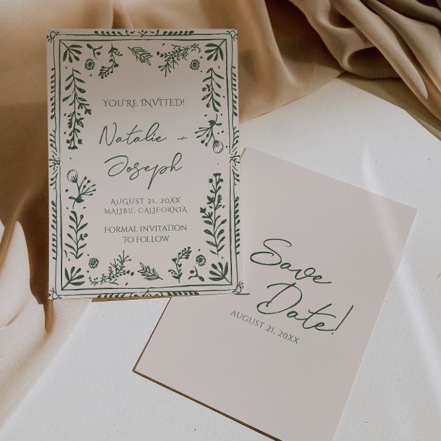Dark Green Hand Drawn Floral Garden Boho Wedding  Spara Datumet (Skapare uppladdad)