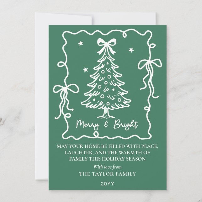 Dark Green Merry & Bright White Hand Drawn Tree Julkort (Framsida)