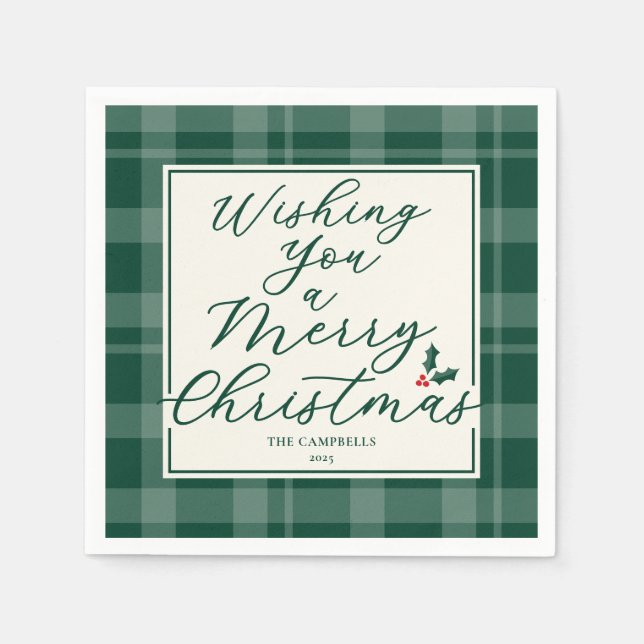 Dark Green Plaid Wishing You A Merry Christmas Pappersservett (Framsidan)