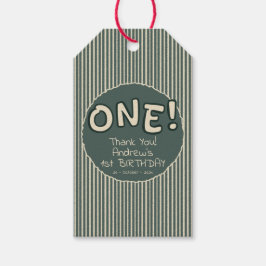 Dark Green Stripes 1st Birthday Presentetikett