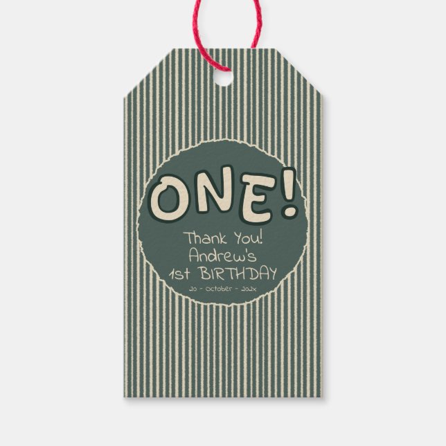 Dark Green Stripes 1st Birthday Presentetikett (Framsidan)