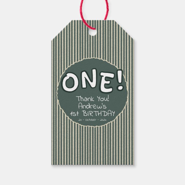 Dark Green Stripes 1st Birthday Presentetikett (Framsidan)