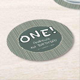 Dark Green Stripes 1st Birthday Underlägg Papper Rund