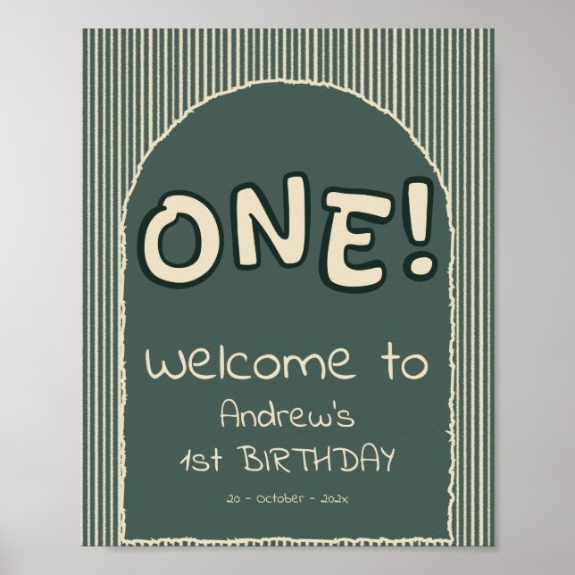 Dark Green Stripes 1st Birthday Welcome Sign Poster (Framsidan)