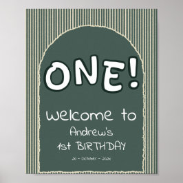 Dark Green Stripes 1st Birthday Welcome Sign Poster