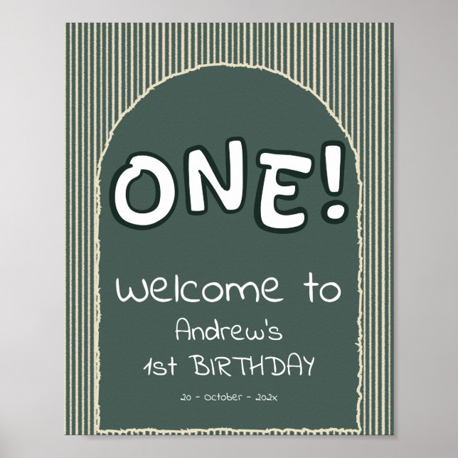 Dark Green Stripes 1st Birthday Welcome Sign Poster (Framsidan)