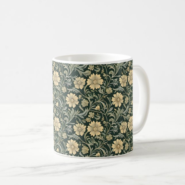 Dark green stylized yellow flowers  pattern  kaffemugg (Framsida höger)