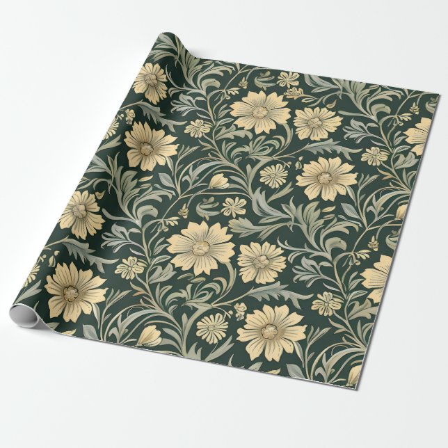 Dark green stylized yellow flowers  pattern  presentpapper (Utrullad)