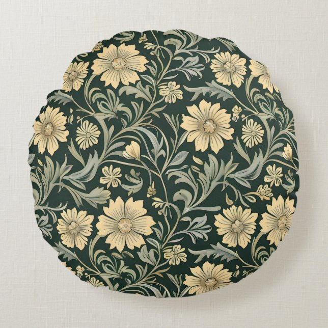 Dark green stylized yellow flowers  pattern  rund kudde (Framsidan)