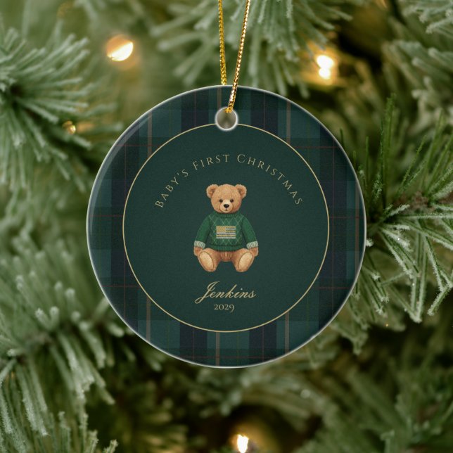 Dark Green Tartan Plaid Babys First Christmas  Julgransprydnad Keramik (Träd)