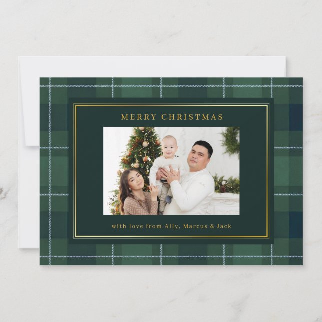 Dark Green Tartan Polo Plaid Photo Christmas Julkort (Framsida)