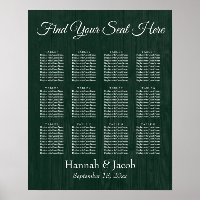 Dark Green Wooden Wedding Reception Seating Chart Poster (Framsidan)