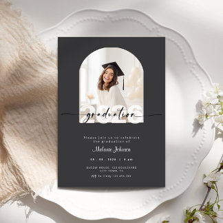 Dark Grey Graduation Invitation with Photo - 2026 Inbjudningar