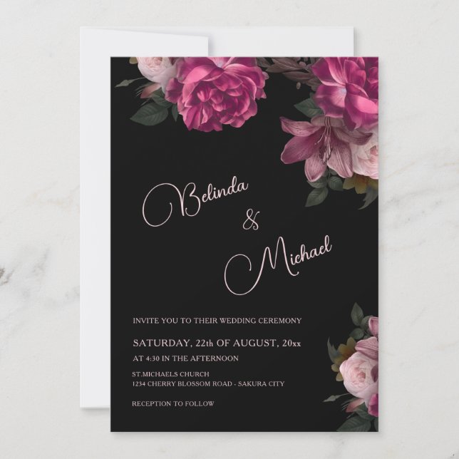 Dark Hand Drawn Roses Photo Wedding Inbjudningar (Framsida)