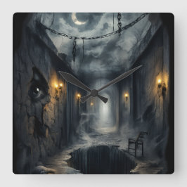 Dark Haunted fantasy Corridor with Moonlit Sky  Fyrkantig Klocka