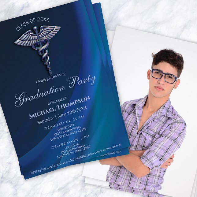 Dark Holographic Blue Medical Graduation | Photo Inbjudningar (Skapare uppladdad)
