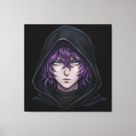 Dark Hoodie Anime Boy with Purple Hair Canvastryck
