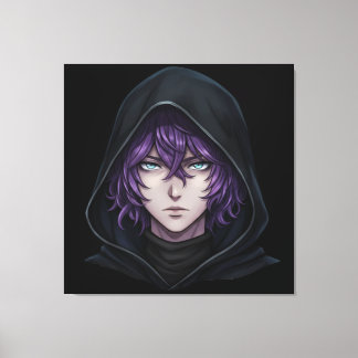 Dark Hoodie Anime Boy with Purple Hair Canvastryck