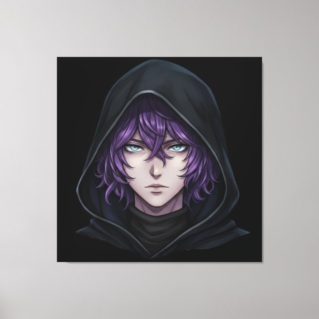 Dark Hoodie Anime Boy with Purple Hair Canvastryck (Framsida)