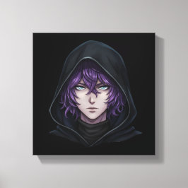 Dark Hoodie Anime Boy with Purple Hair Canvastryck