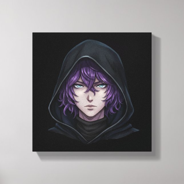 Dark Hoodie Anime Boy with Purple Hair Canvastryck (Framsida)