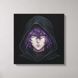 Dark Hoodie Anime Boy with Purple Hair Canvastryck