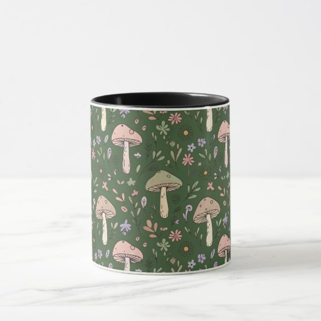 Dark Hunter Green Moody Fungi Seamless Pattern Mugg (Center)