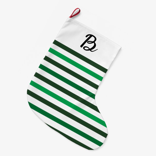 Dark Light Green Stripes Monogram Christmas Stor Julstrumpa (Framsidan (Hängande))
